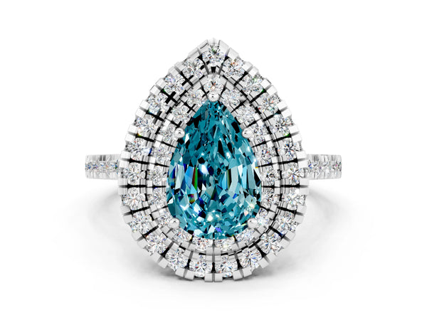 White gold Double Halo Pear Cut Blue Topaz Pavé Band with Four-Prong Setting