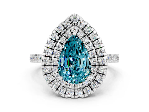 White gold Double Halo Pear Cut Blue Topaz Pavé Band with Four-Prong Setting
