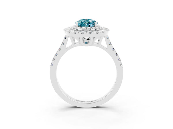White gold Double Halo Pear Cut Blue Topaz Pavé Band with Four-Prong Setting