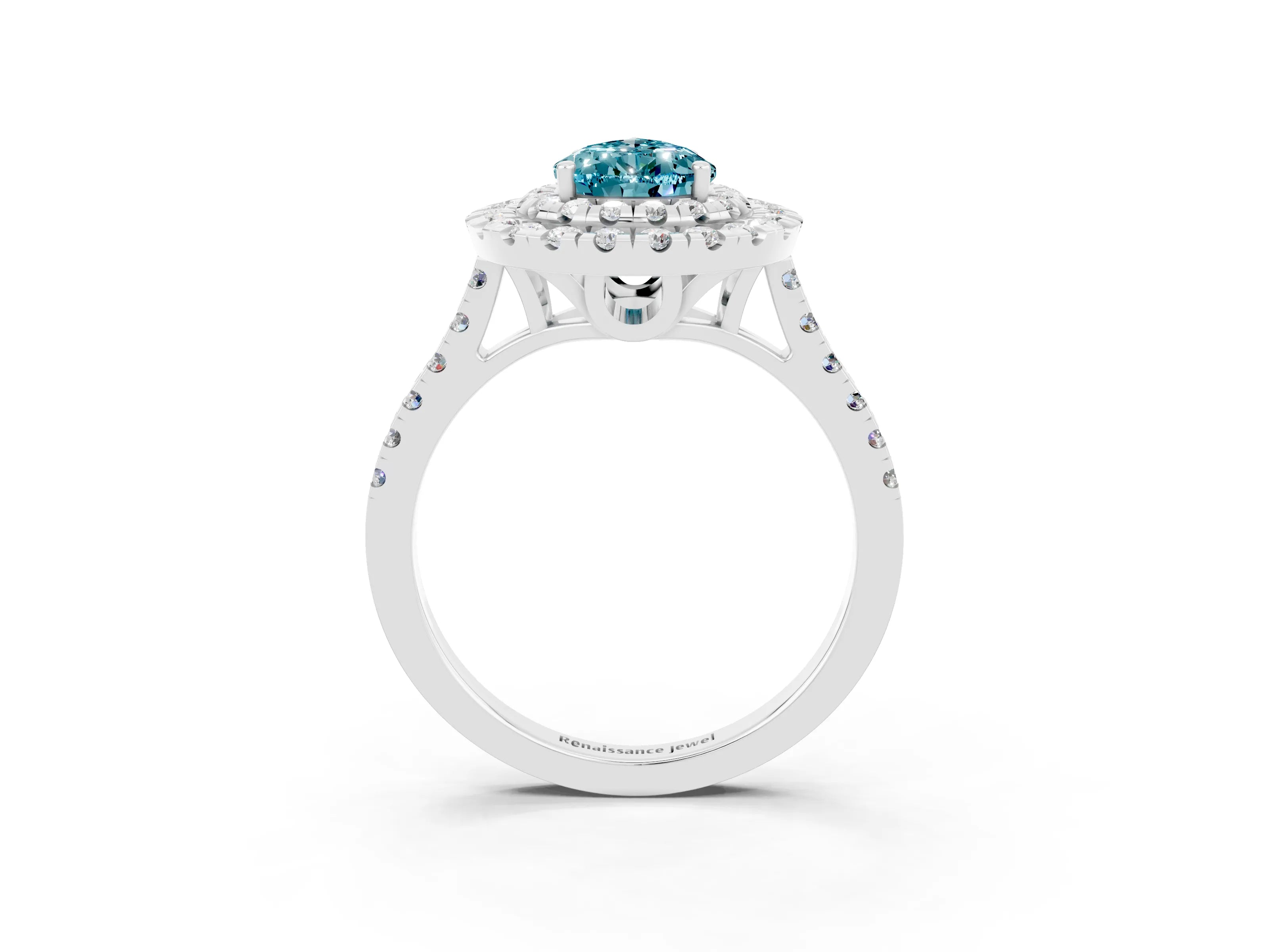 White gold Double Halo Pear Cut Blue Topaz Pavé Band with Four-Prong Setting_3