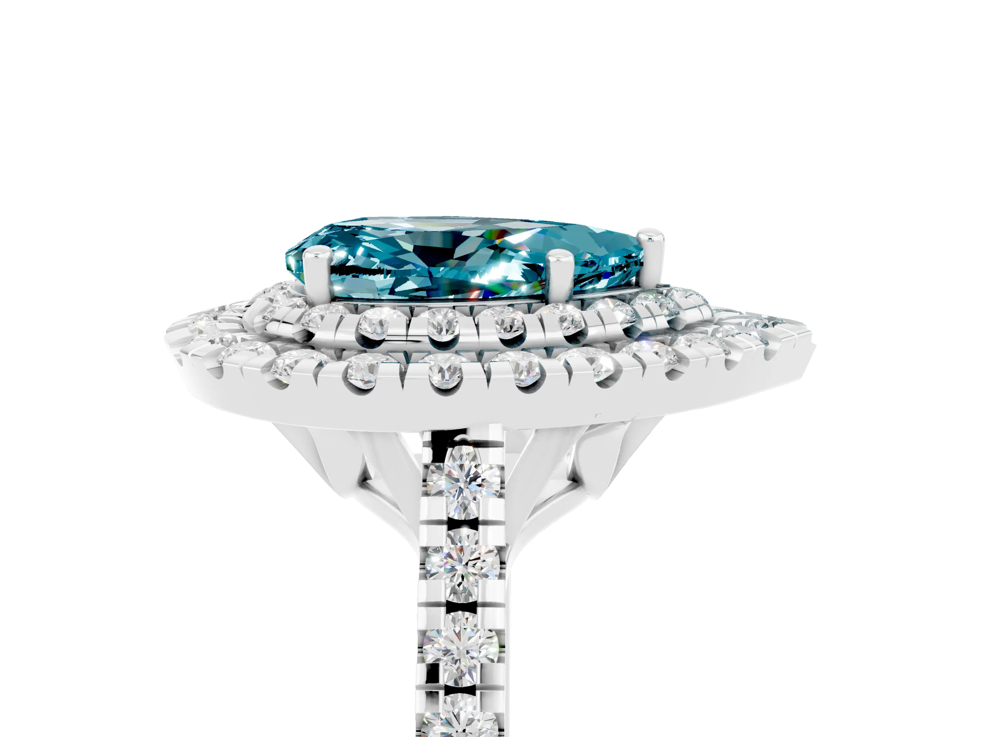 White gold Double Halo Pear Cut Blue Topaz Pavé Band with Four-Prong Setting_5