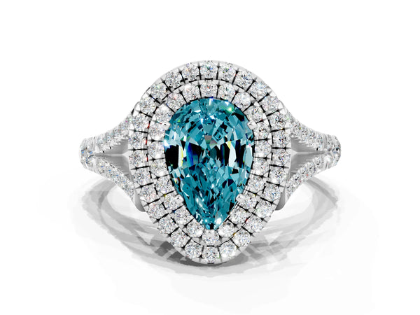 Platinum Double Halo Pear Cut Blue Topaz Pavé Split Shank Ring with Prong Setting