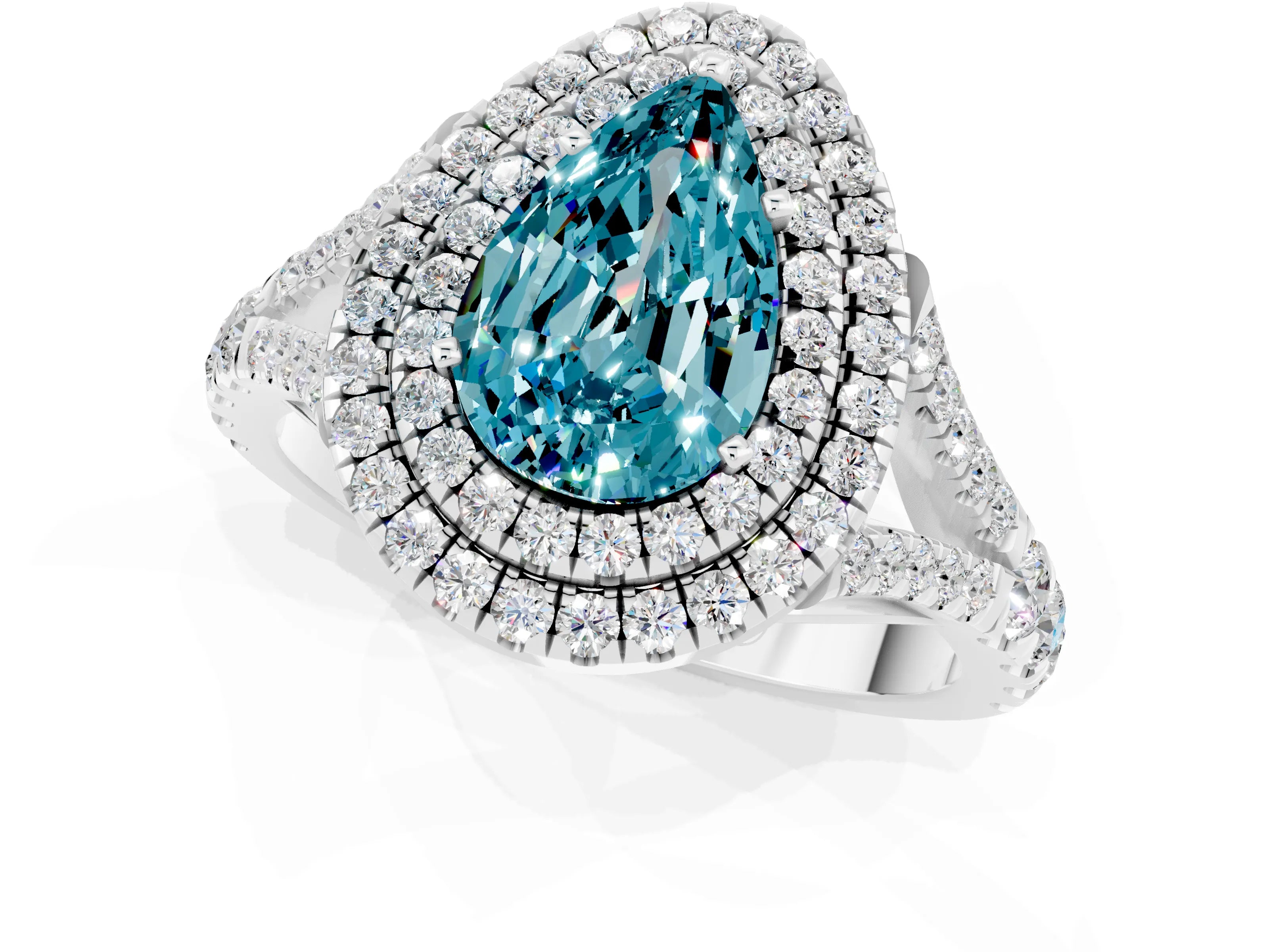 White gold Double Halo Pear Cut Blue Topaz Pavé Split Shank Ring with Prong Setting_1