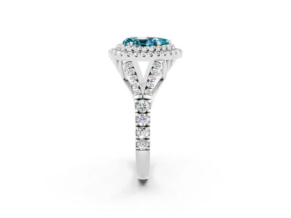 Platinum Double Halo Pear Cut Blue Topaz Pavé Split Shank Ring with Prong Setting