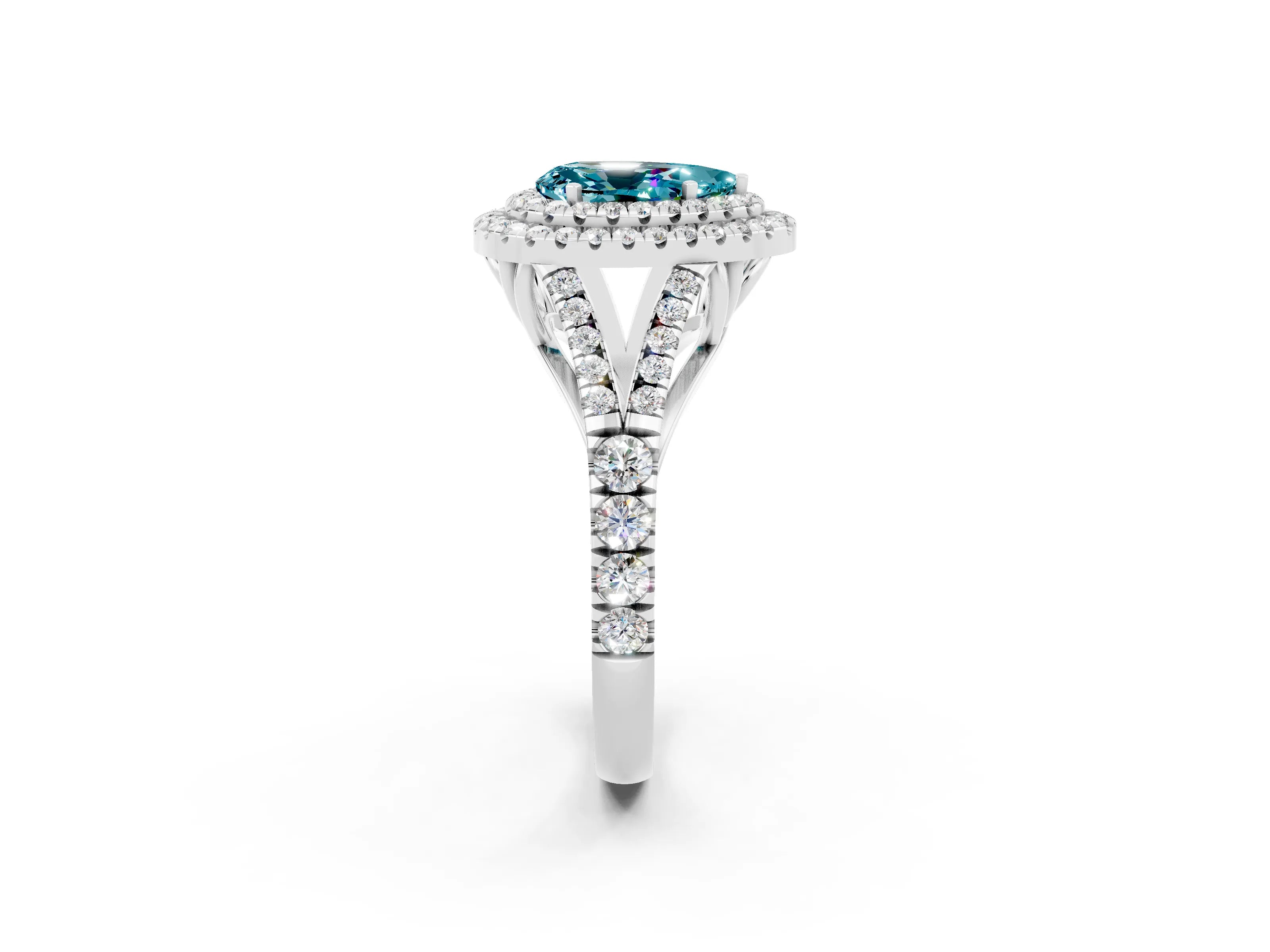 White gold Double Halo Pear Cut Blue Topaz Pavé Split Shank Ring with Prong Setting_2