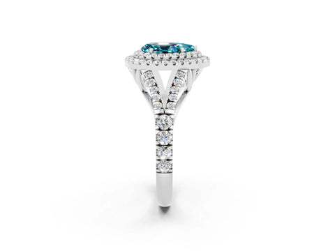 White gold Double Halo Pear Cut Blue Topaz Pavé Split Shank Ring with Prong Setting_2