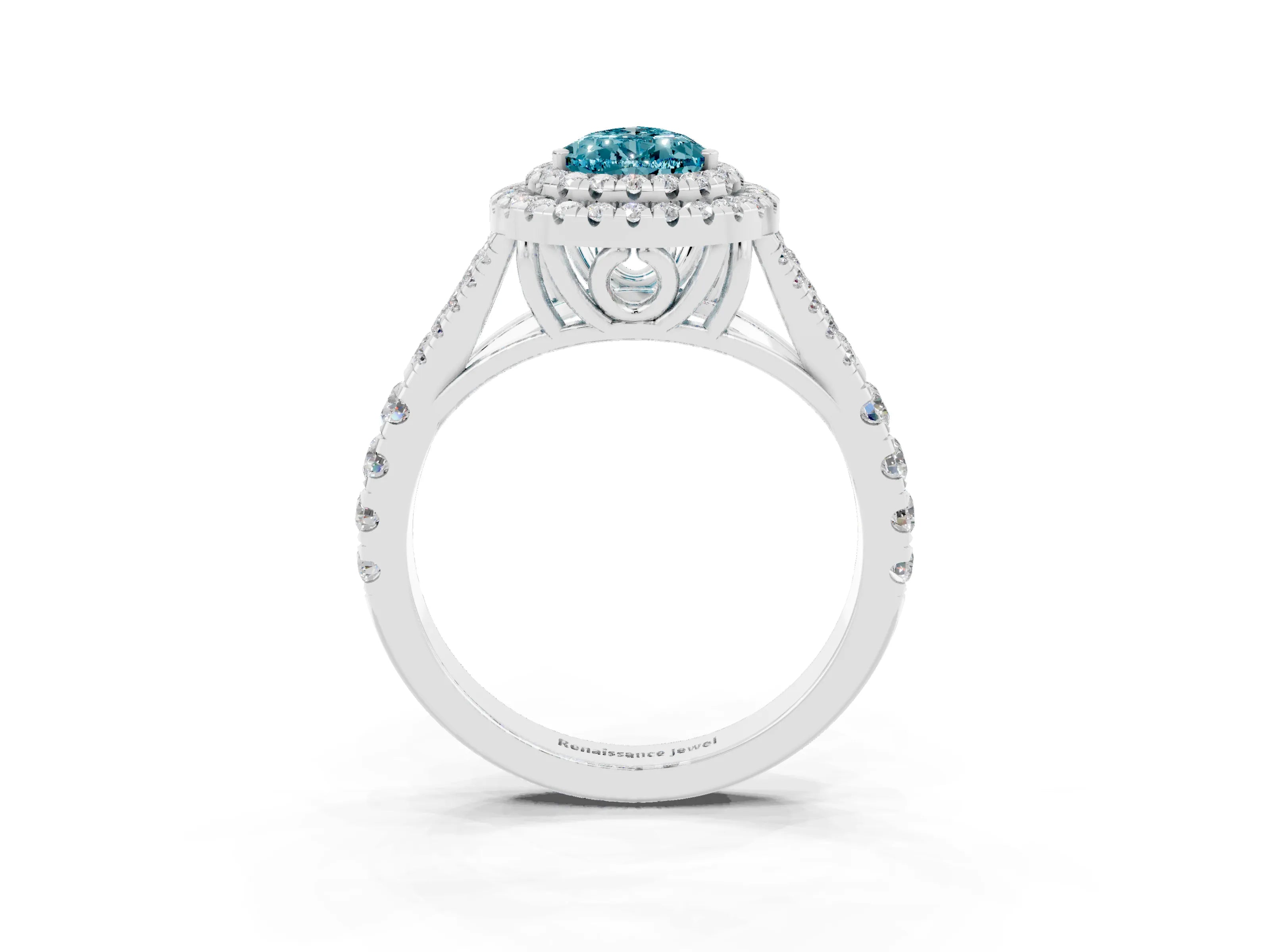 White gold Double Halo Pear Cut Blue Topaz Pavé Split Shank Ring with Prong Setting_3