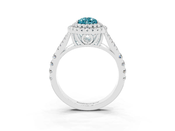 Silver Double Halo Pear Cut Blue Topaz Pavé Split Shank Ring with Prong Setting
