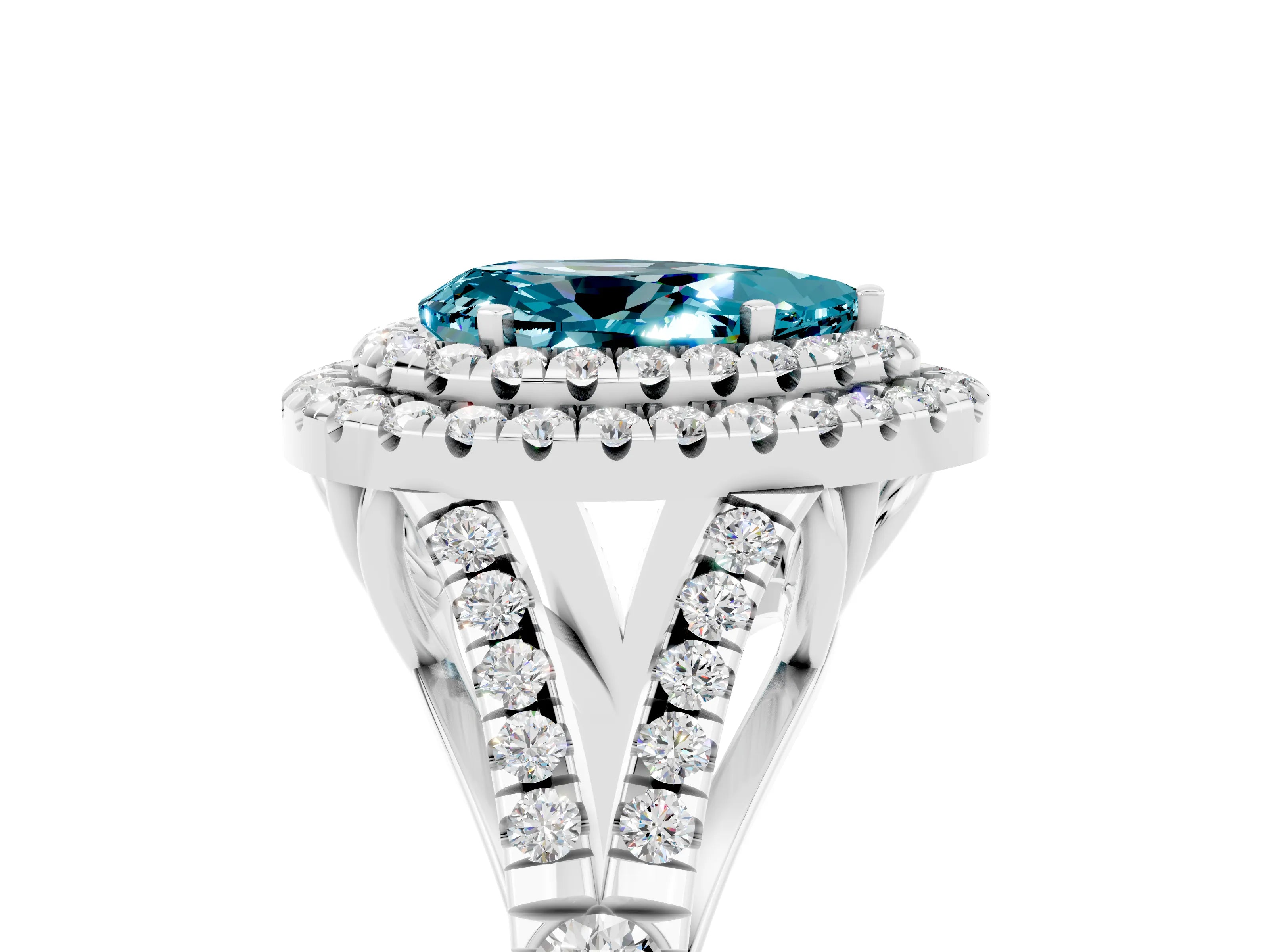 White gold Double Halo Pear Cut Blue Topaz Pavé Split Shank Ring with Prong Setting_5