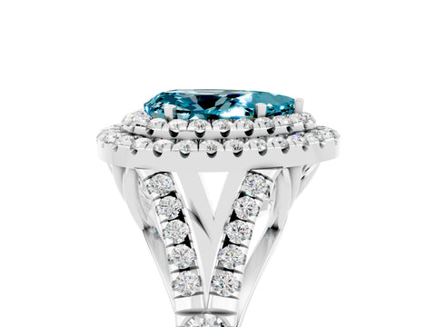 White gold Double Halo Pear Cut Blue Topaz Pavé Split Shank Ring with Prong Setting_5