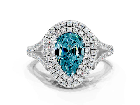 White gold Double Halo Pear Cut Blue Topaz Pavé Split Shank Ring with Prong Setting