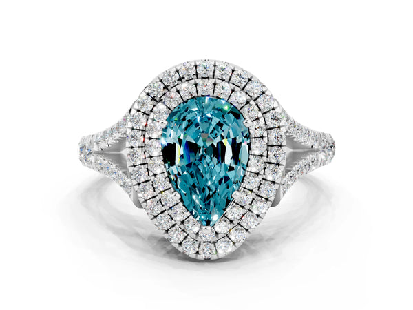 Platinum Double Halo Pear Cut Blue Topaz Split Shank Engagement Ring with Four-Prong Setting