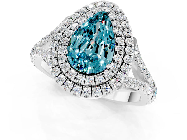 White gold Double Halo Pear Cut Blue Topaz Split Shank Engagement Ring with Four-Prong Setting