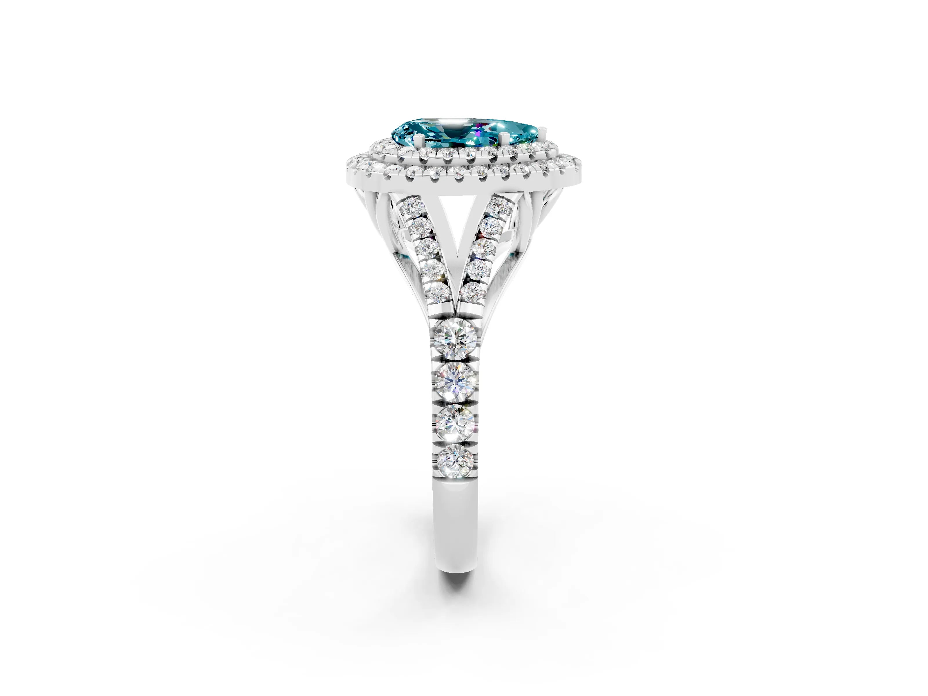 White gold Double Halo Pear Cut Blue Topaz Split Shank Engagement Ring with Four-Prong Setting_2