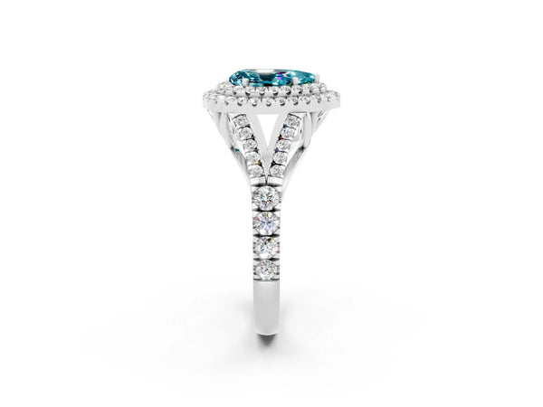 White gold Double Halo Pear Cut Blue Topaz Split Shank Engagement Ring with Four-Prong Setting