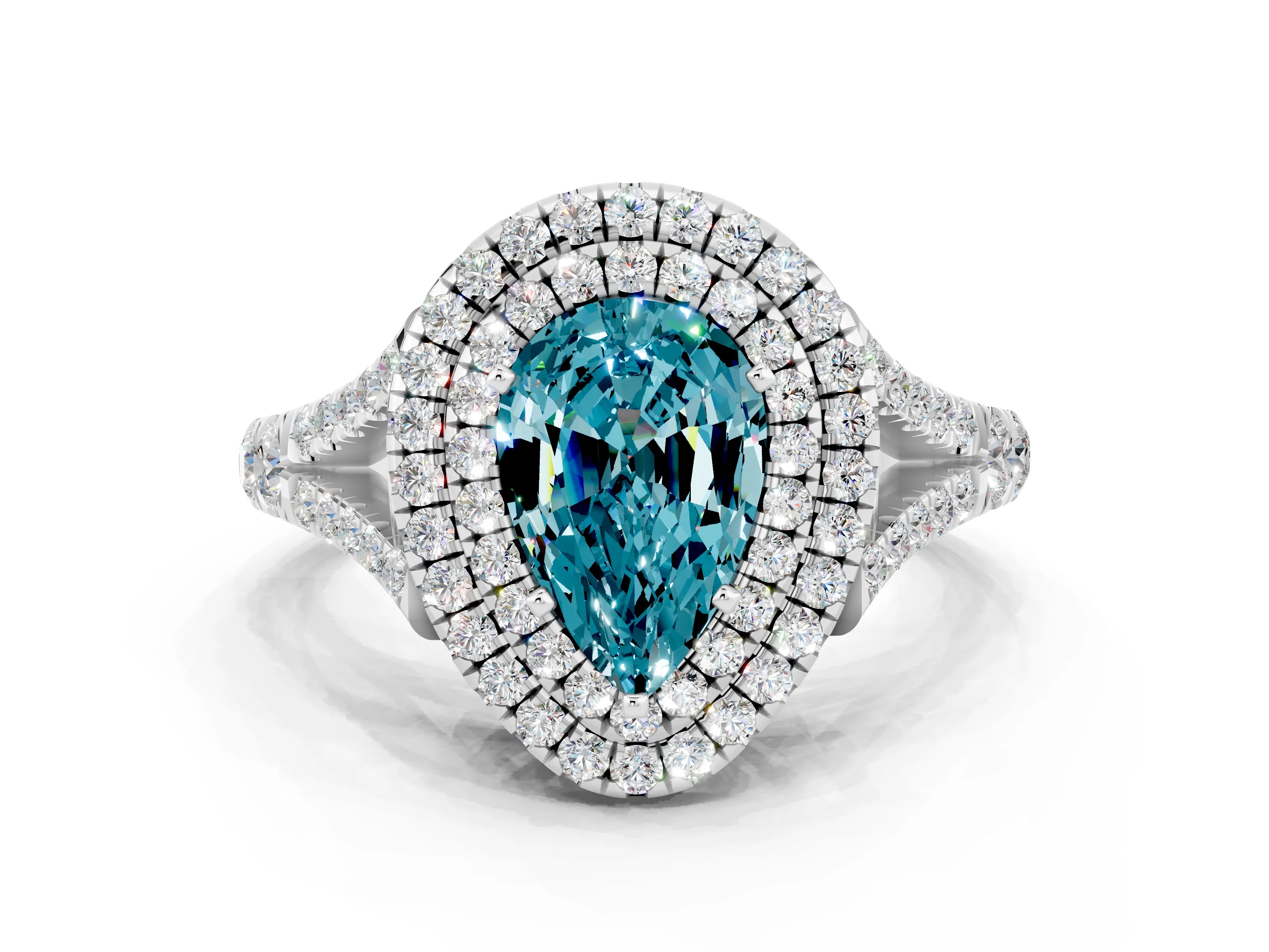 White gold Double Halo Pear Cut Blue Topaz Split Shank Engagement Ring with Four-Prong Setting