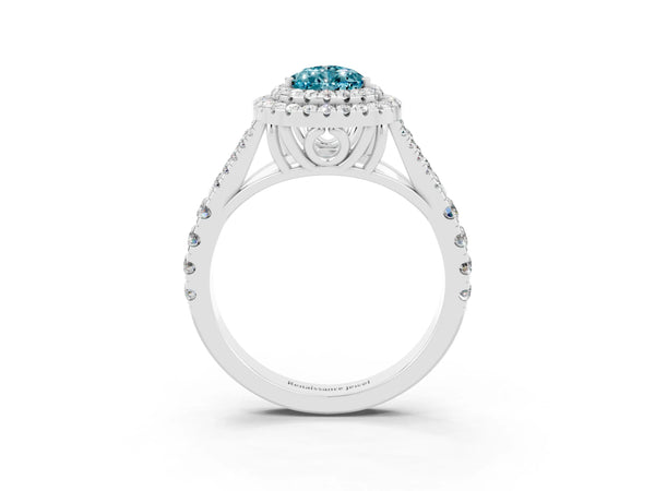 White gold Double Halo Pear Cut Blue Topaz Split Shank Engagement Ring with Four-Prong Setting