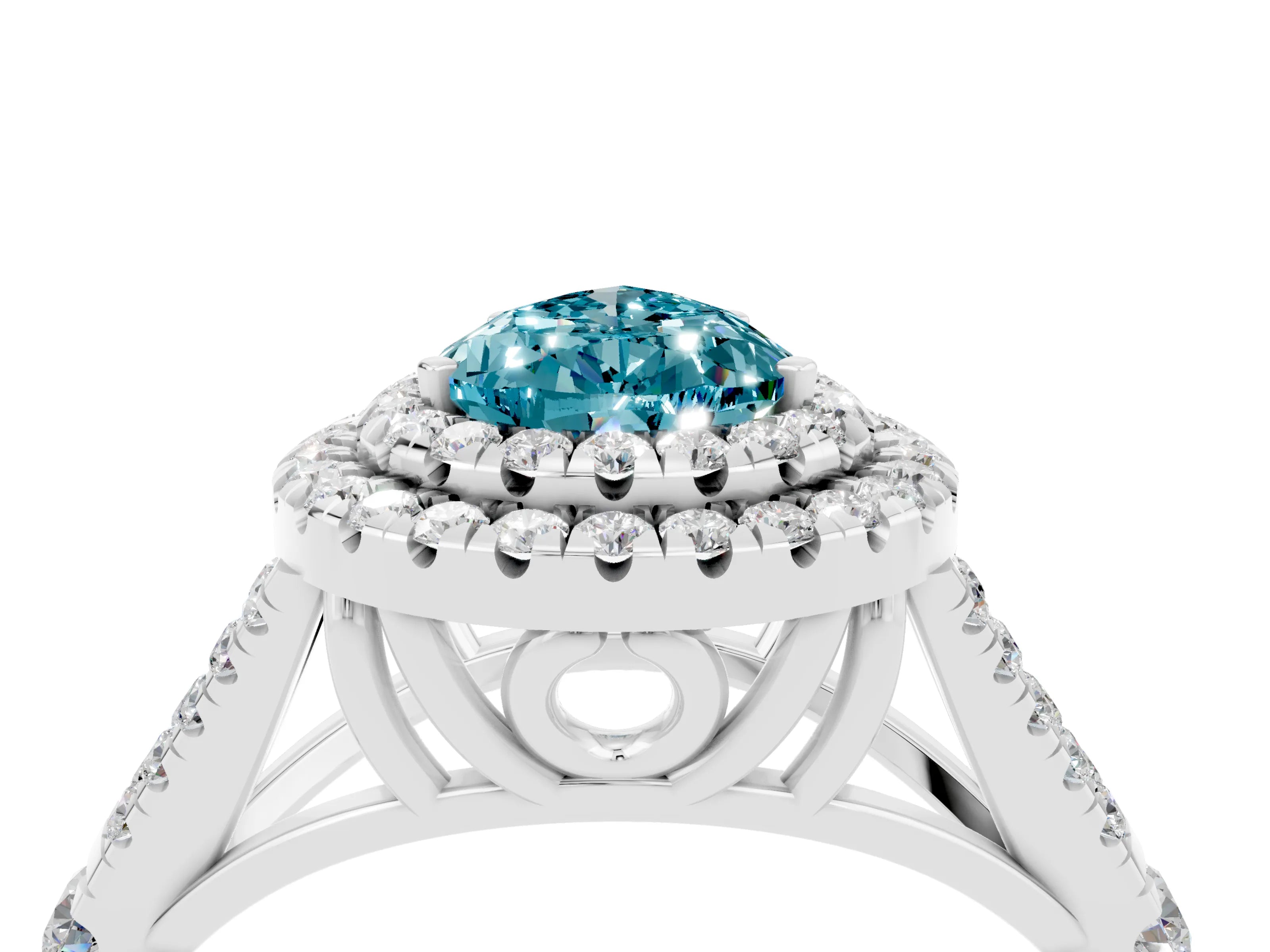 White gold Double Halo Pear Cut Blue Topaz Split Shank Engagement Ring with Four-Prong Setting_4