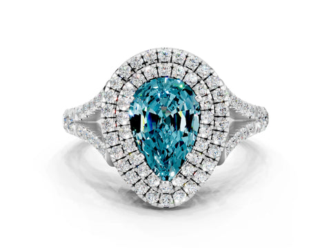 White gold Double Halo Pear Cut Blue Topaz Split Shank Engagement Ring with Four-Prong Setting