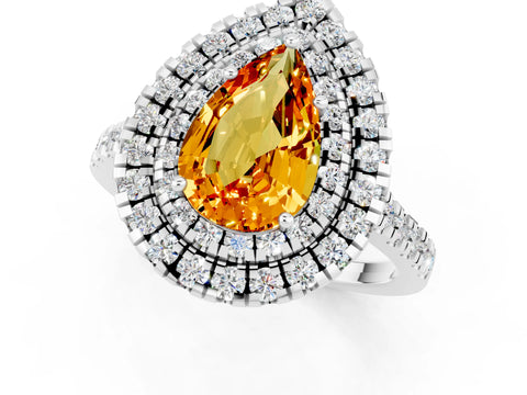 White gold Double Halo Pear Cut Citrine Pavé Band with Four-Prong Setting_1