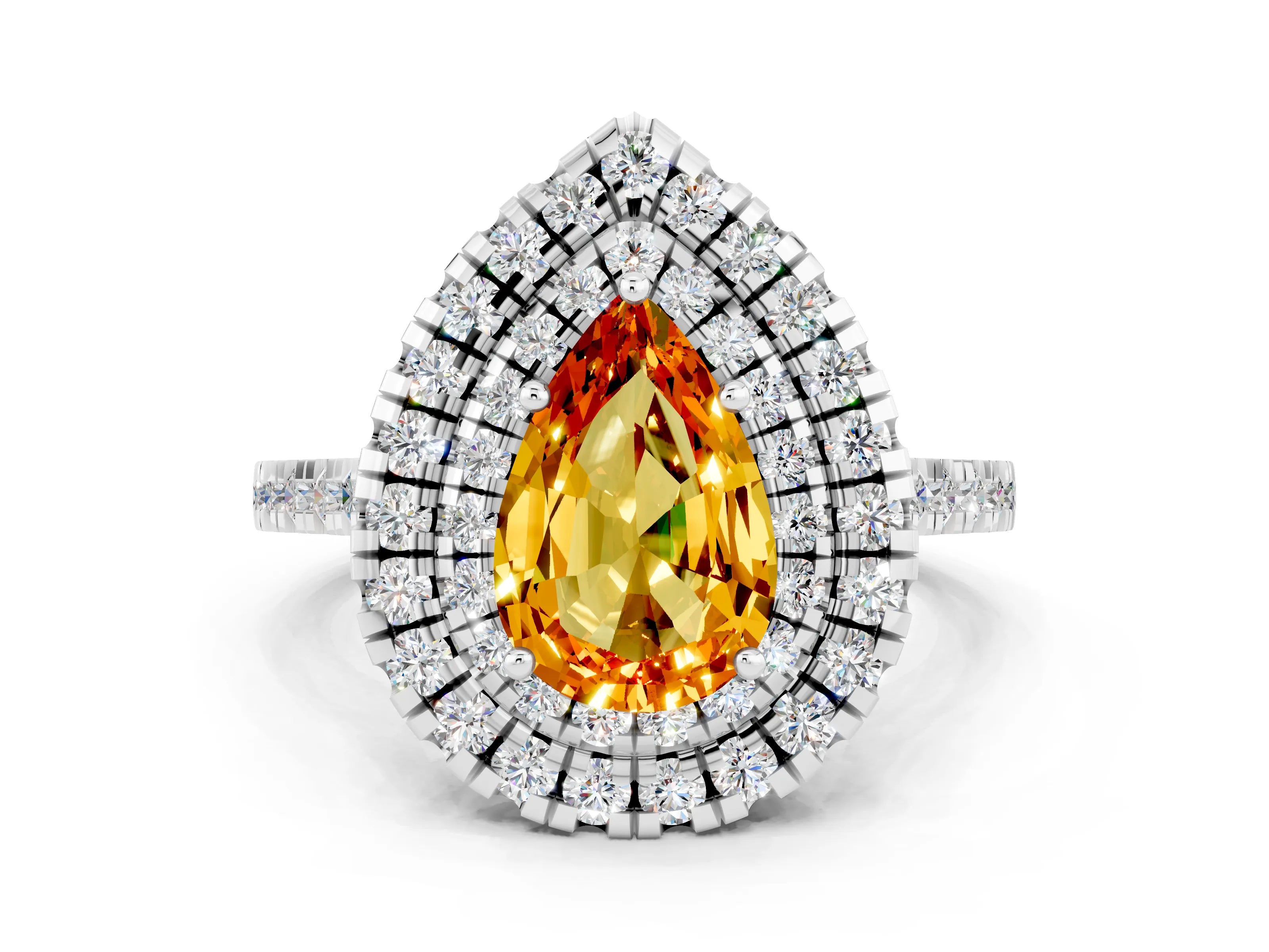 White gold Double Halo Pear Cut Citrine Pavé Band with Four-Prong Setting