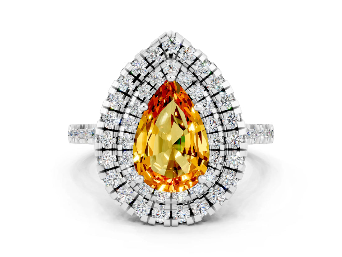 White gold Double Halo Pear Cut Citrine Pavé Band with Four-Prong Setting