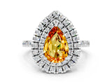 White gold Double Halo Pear Cut Citrine Pavé Band with Four-Prong Setting
