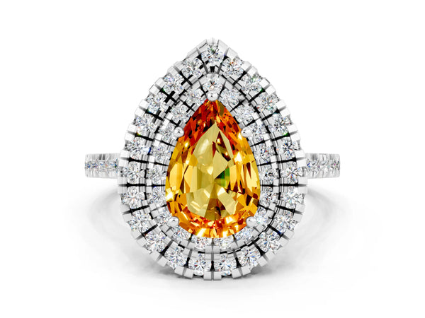 White gold Double Halo Pear Cut Citrine Pavé Band with Four-Prong Setting
