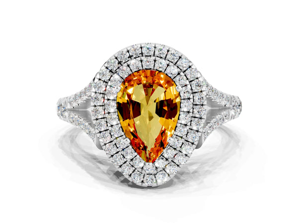 Platinum Double Halo Pear Cut Citrine Pavé Split Shank Ring with Prong Setting