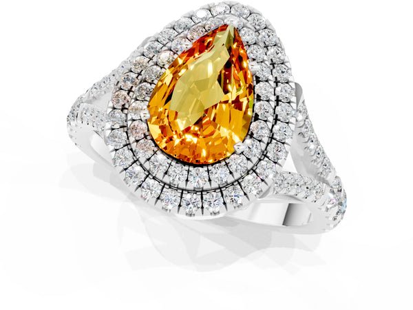 Platinum Double Halo Pear Cut Citrine Pavé Split Shank Ring with Prong Setting