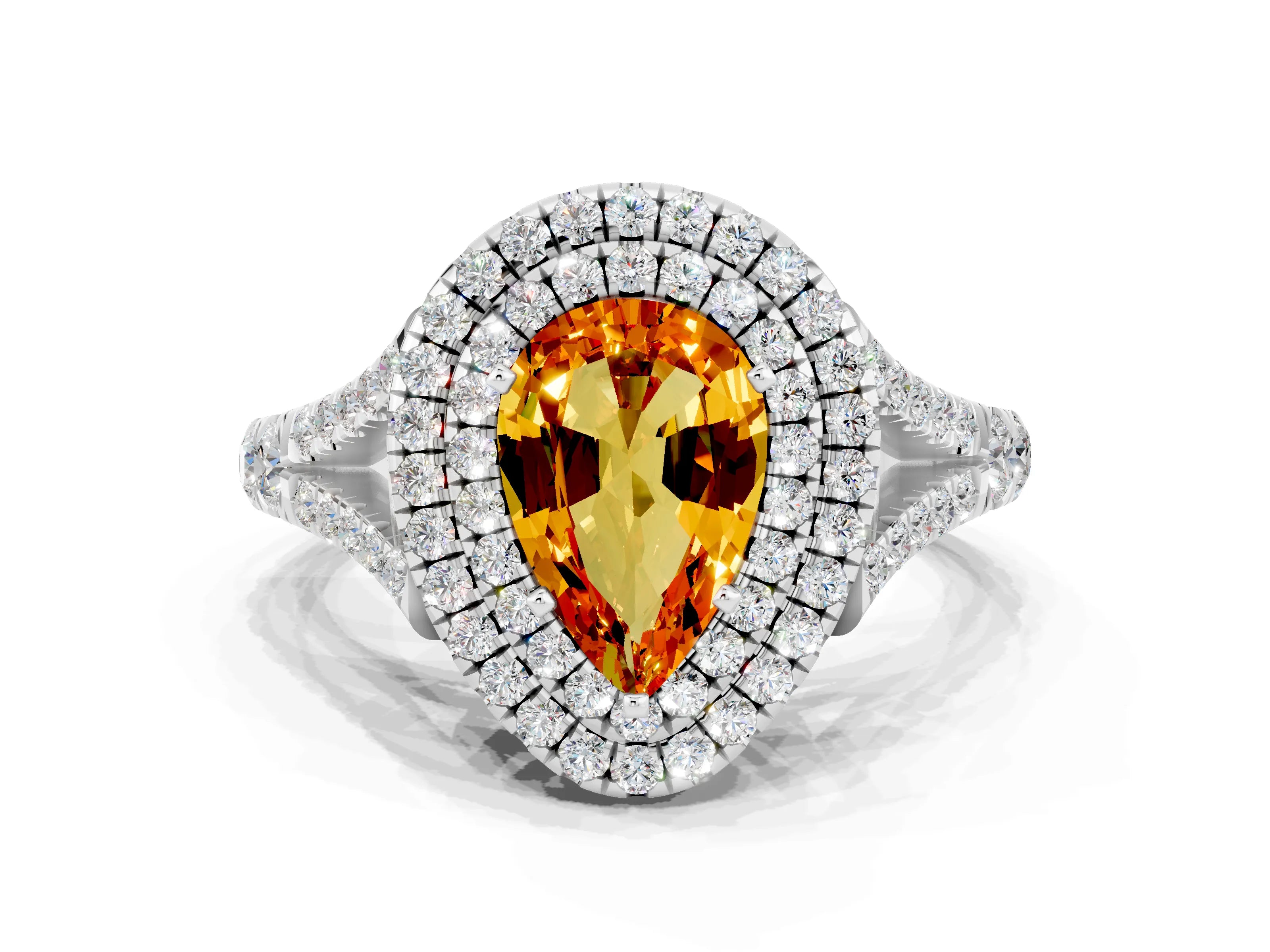 White gold Double Halo Pear Cut Citrine Pavé Split Shank Ring with Prong Setting