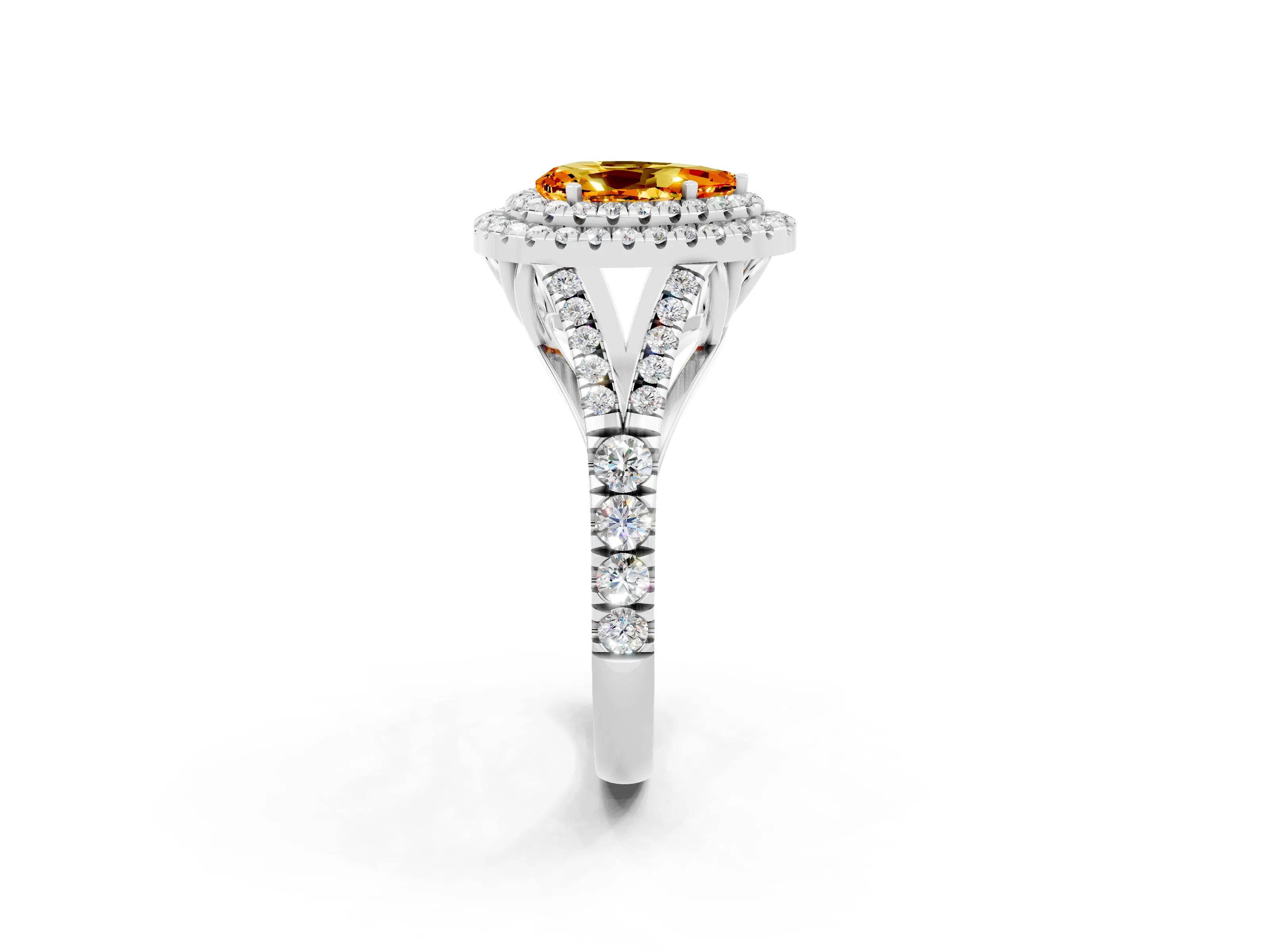 White gold Double Halo Pear Cut Citrine Pavé Split Shank Ring with Prong Setting_2