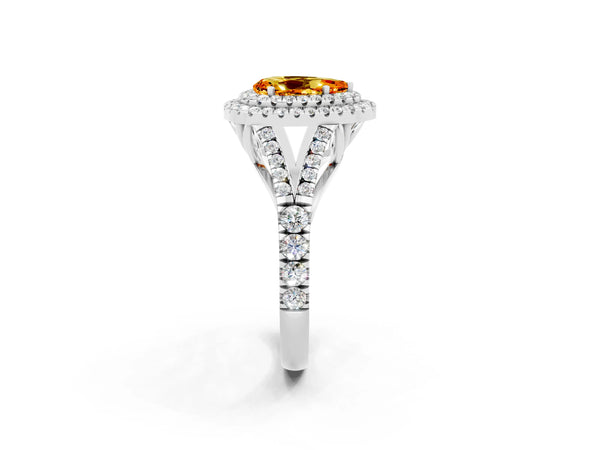 Silver Double Halo Pear Cut Citrine Pavé Split Shank Ring with Prong Setting