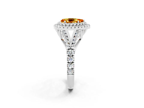 White gold Double Halo Pear Cut Citrine Pavé Split Shank Ring with Prong Setting_2