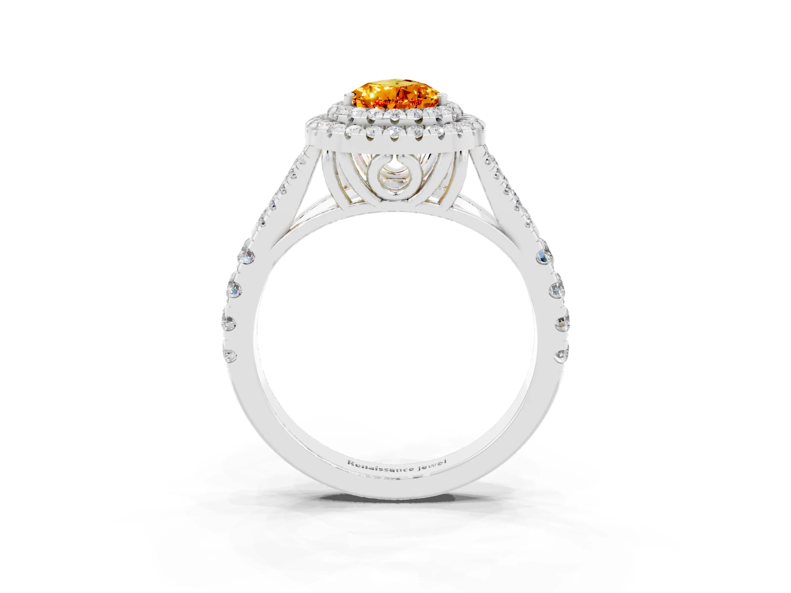 White gold Double Halo Pear Cut Citrine Pavé Split Shank Ring with Prong Setting_3