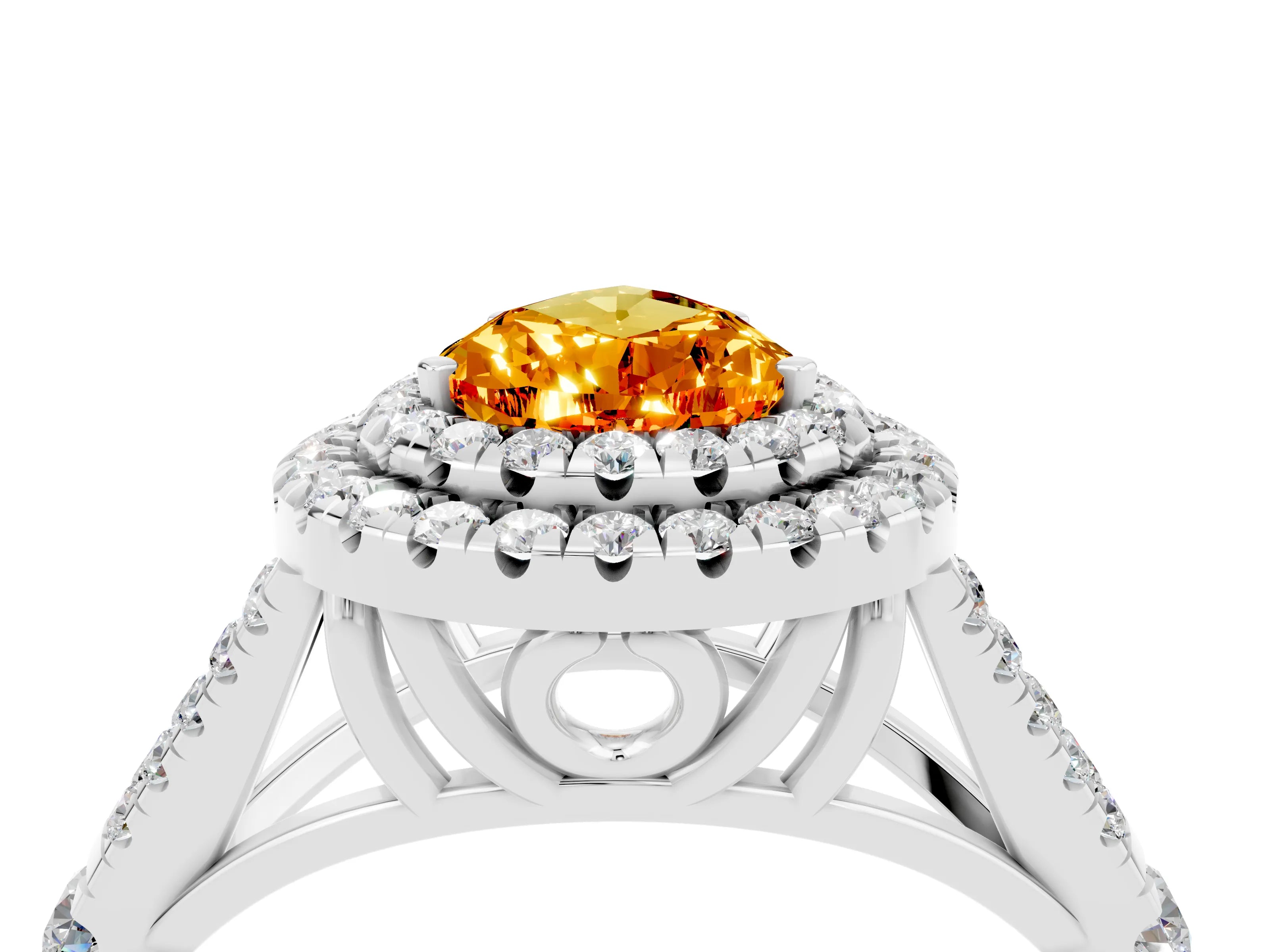 White gold Double Halo Pear Cut Citrine Pavé Split Shank Ring with Prong Setting_4