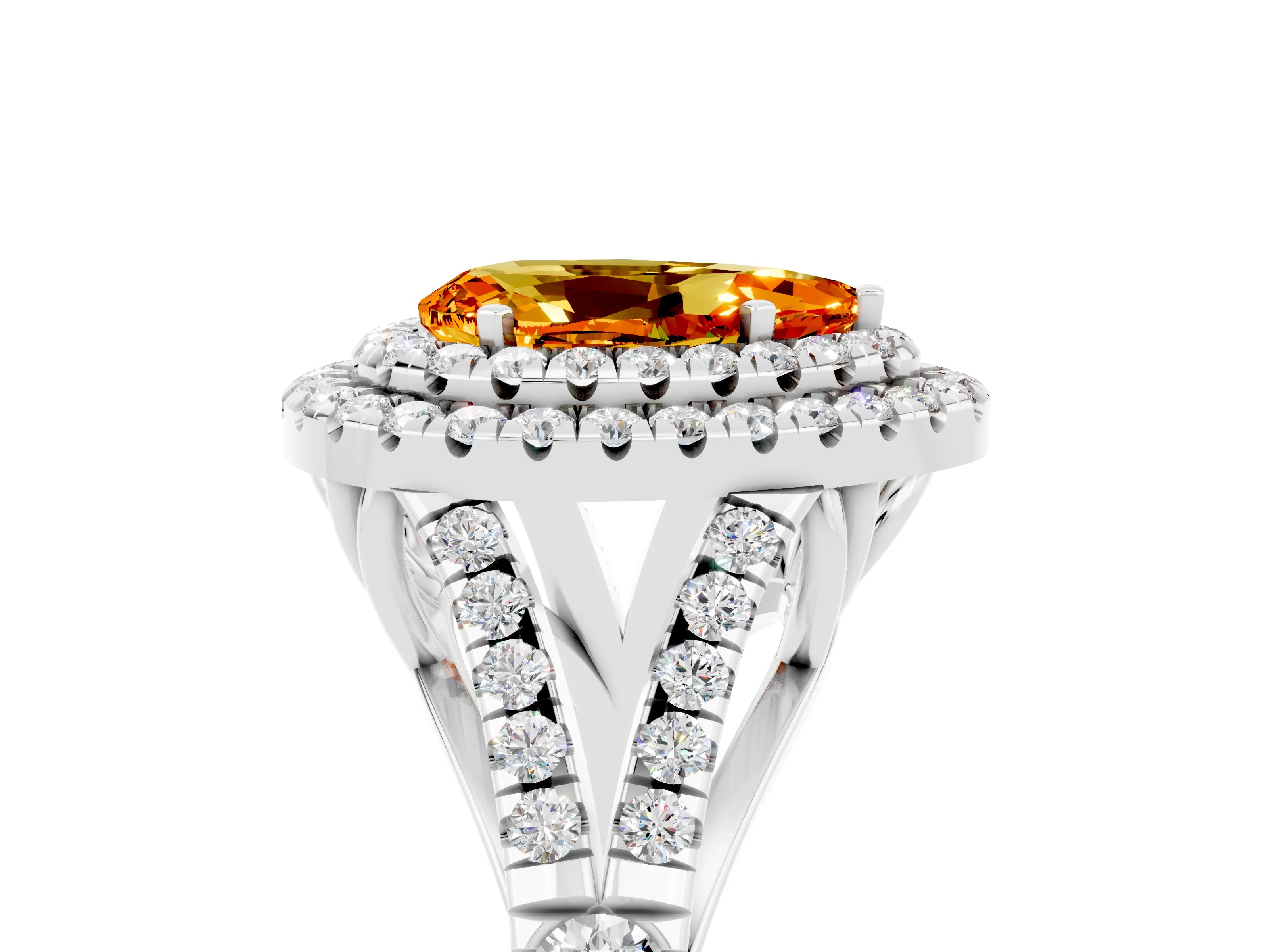 White gold Double Halo Pear Cut Citrine Pavé Split Shank Ring with Prong Setting_5