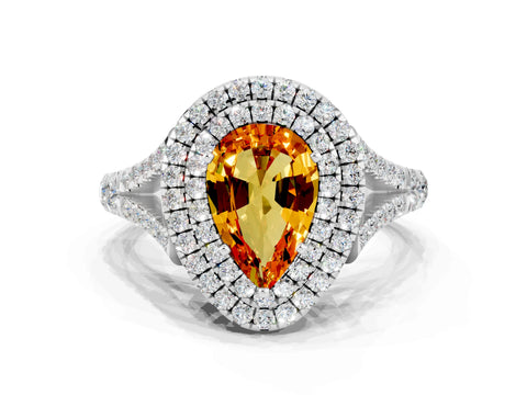 White gold Double Halo Pear Cut Citrine Pavé Split Shank Ring with Prong Setting