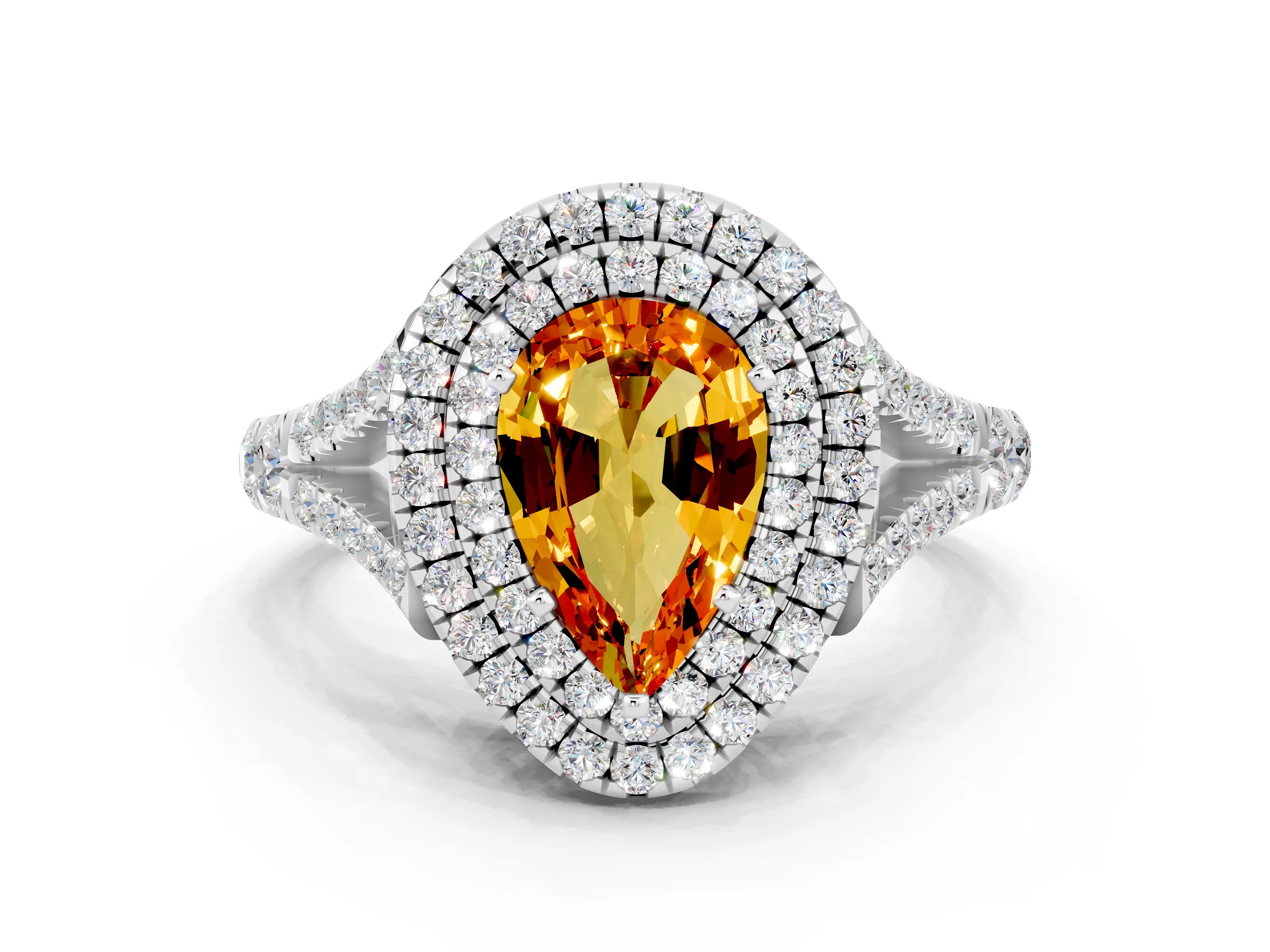 White gold Double Halo Pear Cut Citrine Split Shank Engagement Ring with Four-Prong Setting
