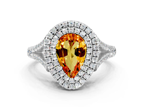 Platinum Double Halo Pear Cut Citrine Split Shank Engagement Ring with Four-Prong Setting