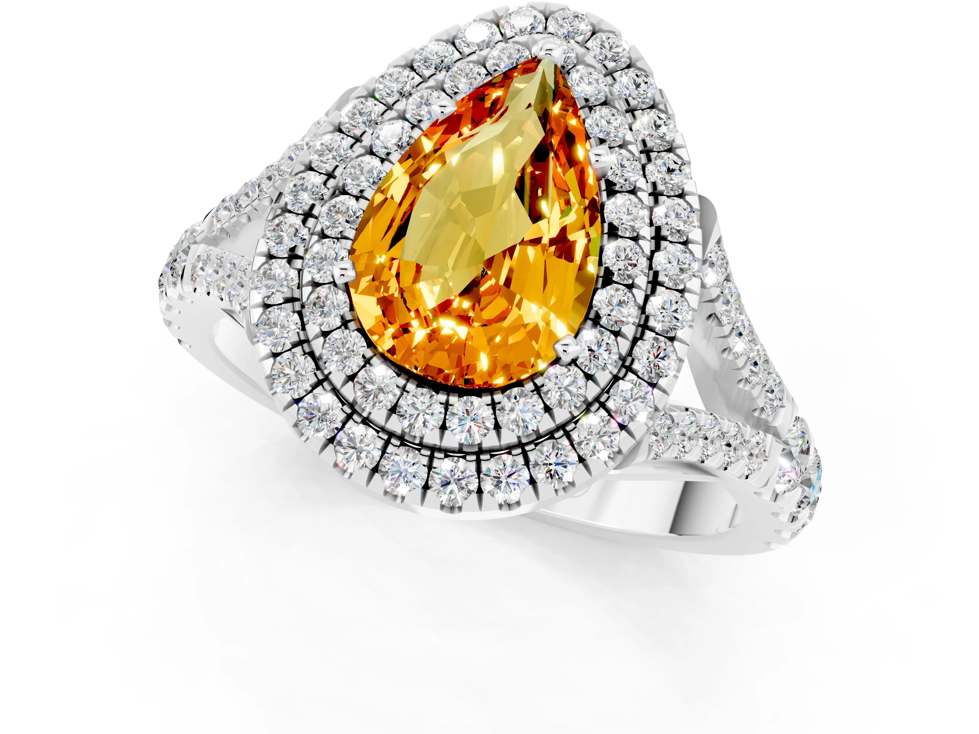 White gold Double Halo Pear Cut Citrine Split Shank Engagement Ring with Four-Prong Setting_1