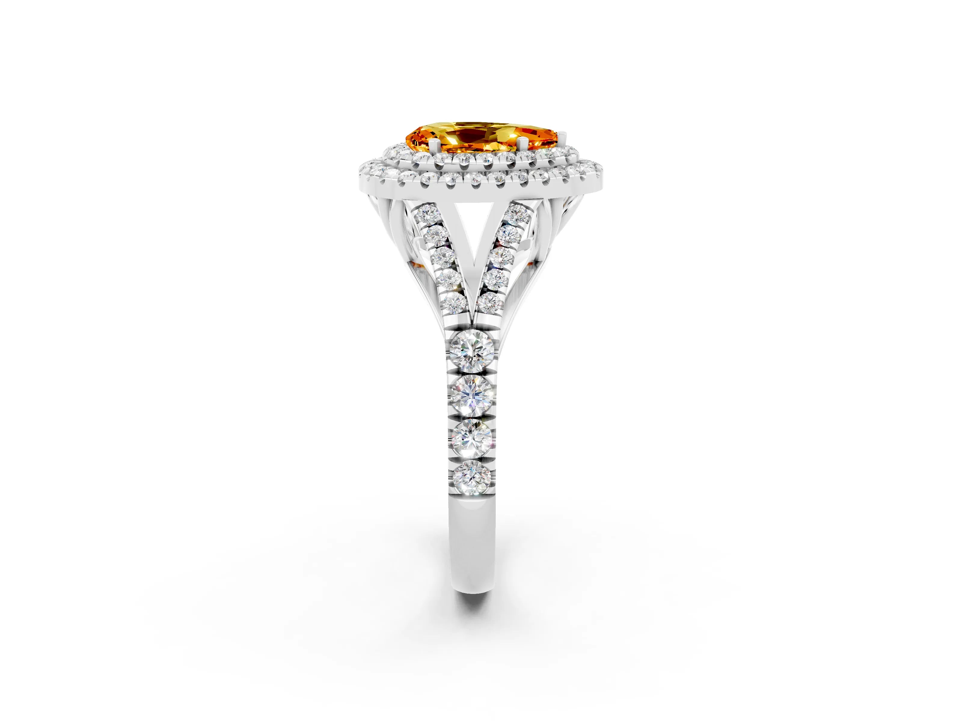 White gold Double Halo Pear Cut Citrine Split Shank Engagement Ring with Four-Prong Setting_2