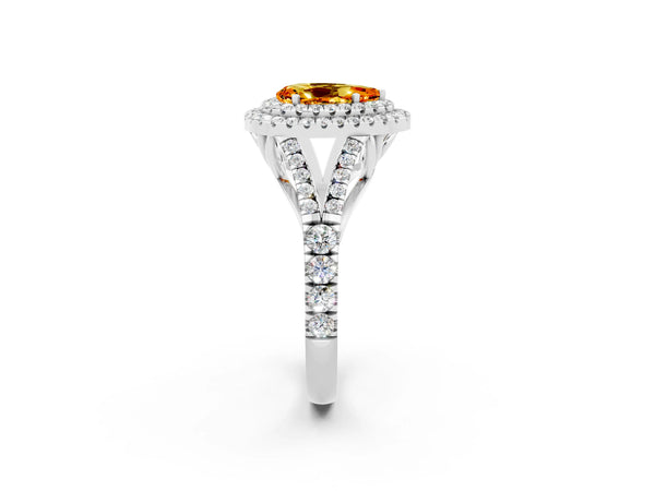 White gold Double Halo Pear Cut Citrine Split Shank Engagement Ring with Four-Prong Setting