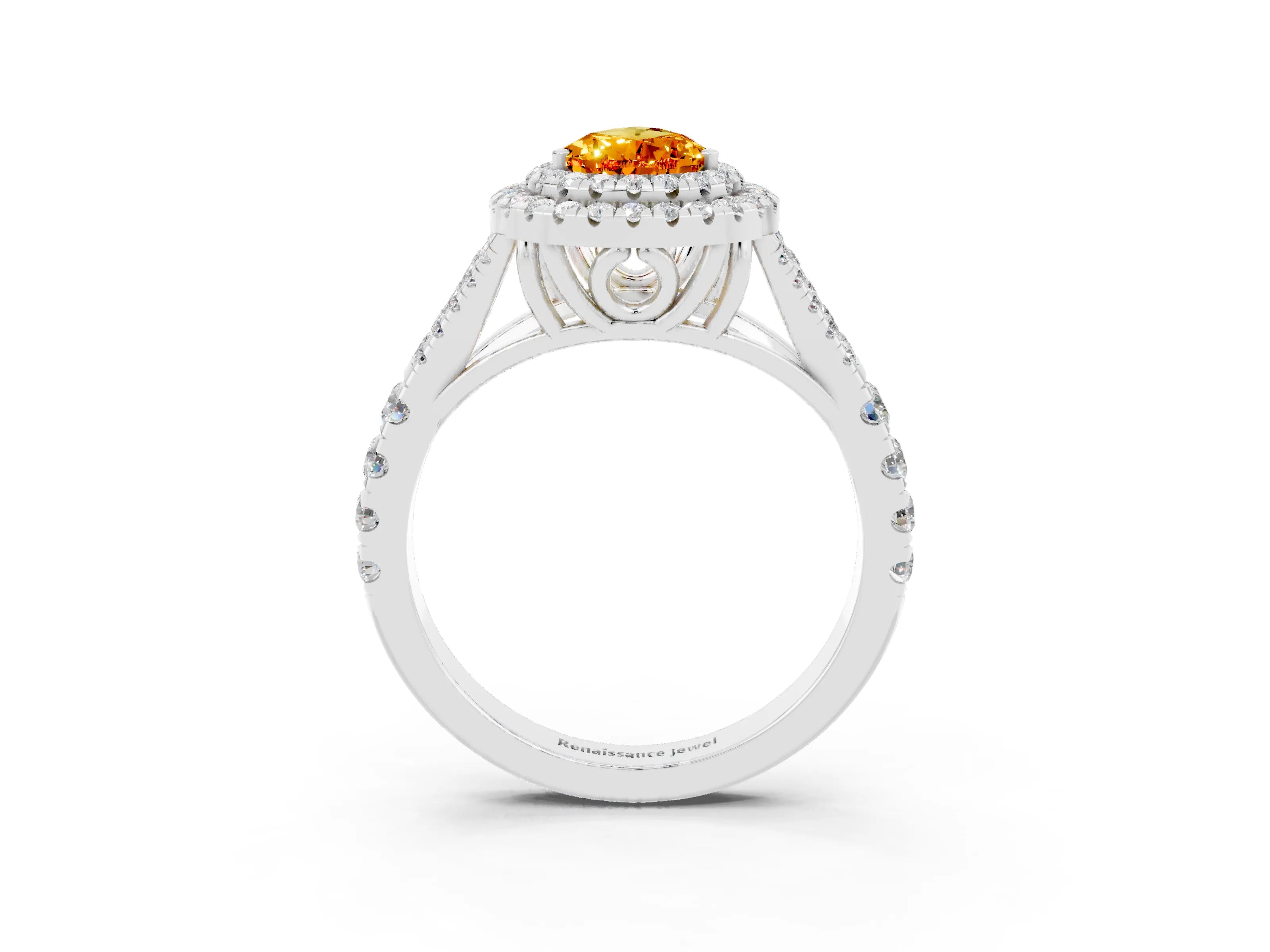 White gold Double Halo Pear Cut Citrine Split Shank Engagement Ring with Four-Prong Setting_3
