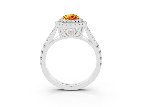 Platinum Double Halo Pear Cut Citrine Split Shank Engagement Ring with Four-Prong Setting