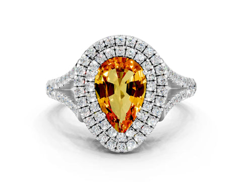 White gold Double Halo Pear Cut Citrine Split Shank Engagement Ring with Four-Prong Setting