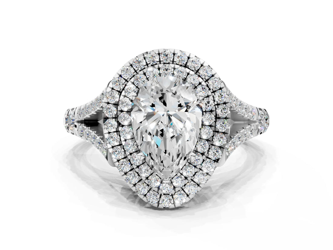 White gold Double Halo Pear Cut Diamond Split Shank Engagement Ring with Four-Prong Setting_3