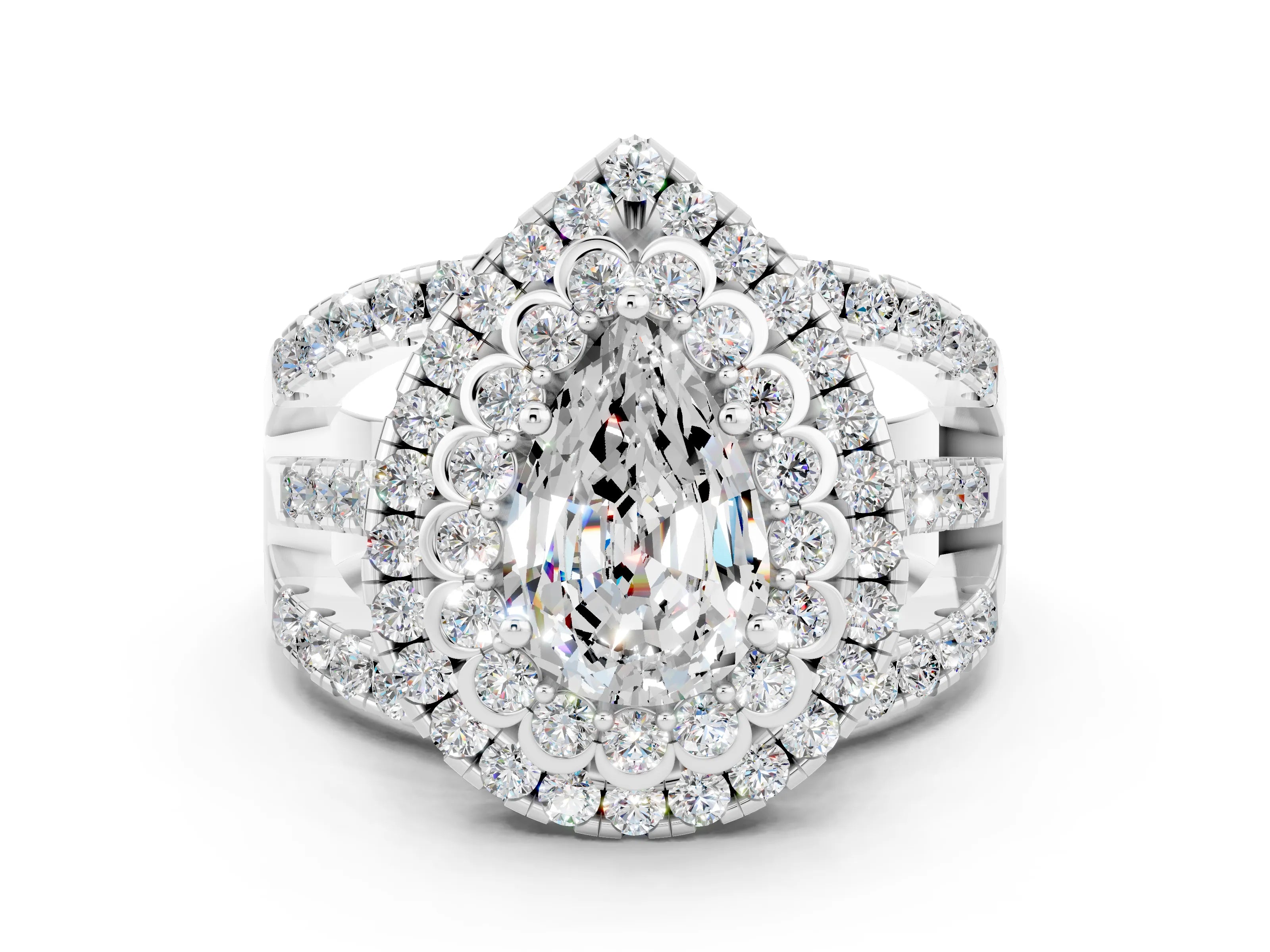 White gold Double Halo Pear Cut Diamond Split Shank Pave Set Ring