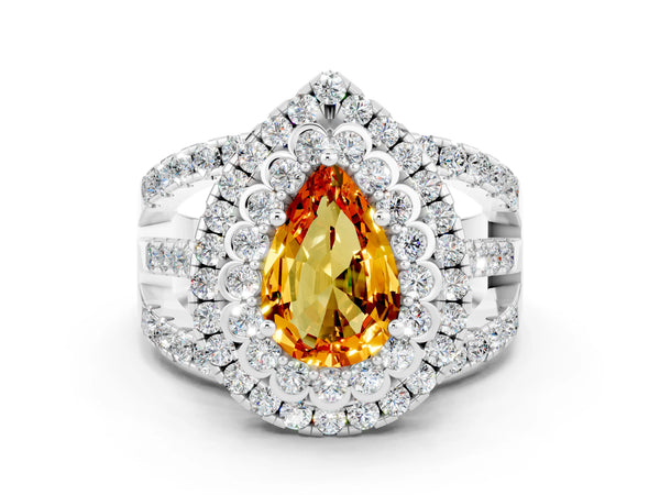 Platinum Pear Cut Citrine Double Halo Ring with Round Pavé Split Shank and Prong Setting