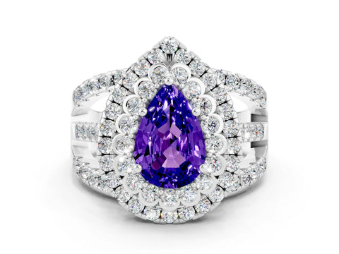 White gold Double Halo Pear Cut Diamond Split Shank Pave Set Ring